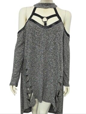 Nextmia Grey Marled Ribbed Knit Distressed Harness Tunic